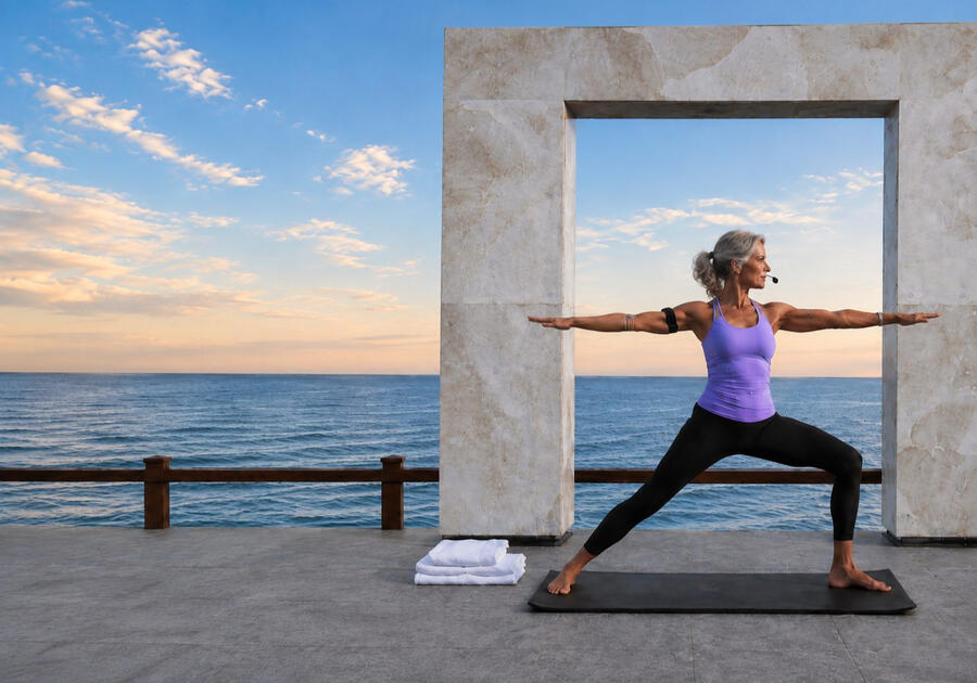 DeDe Daniels practicing yoga in Warrior II pose overlooking the Pacific Ocean in Baja California